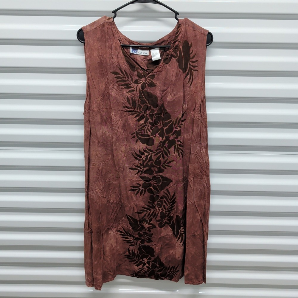 La Cera Tunic Top XL Womens Brown Tropical Floral Rayon Sleeveless V-Neck